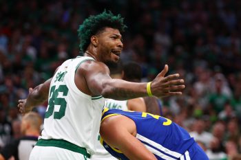 Marcus Smart of the Boston Celtics reacts against the Golden State Warriors.