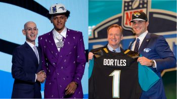 (L-R) NBA commissioner Adam Silver and Orlando Magic No. 1 pick Paolo Banchero at the 2022 NBA Draft; NFL commissioner Roger Goodell and Jacksonville Jaguars QB Blake Bortles at the 2014 NFL Draft.