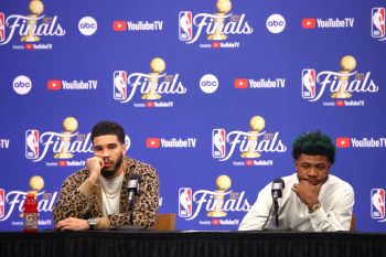 Jayson Tatum and Marcus Smart of the Boston Celtics speak to the media