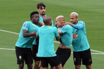 Neymar Jr., Richarlison, Lucas Paqueta, and Vinicius Jr of Brazil in action in a fight during a training session.