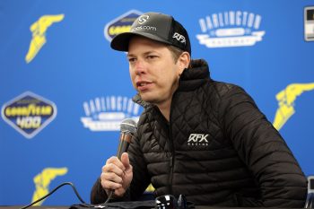 Brad Keselowski announces the RFK Racing and King's Hawaiian partnership during a press conference prior to the NASCAR Cup Series Goodyear 400 at Darlington Raceway on May 8, 2022, in Darlington, South Carolina.