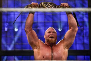 Brock Lesnar after winning the WWE championship belt at the 2022 Elimination Chamber.