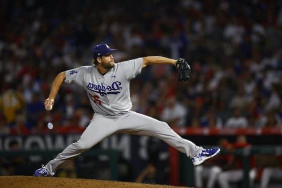 Clayton Kershaw throws a pitch.