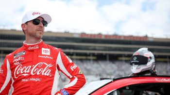 Denny Hamlin waits on the grid prior to the NASCAR Cup Series Quaker State 400 at Atlanta Motor Speedway on July 10, 2022.