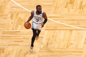 Jaylen Brown of the Boston Celtics dribbles up the court against the Golden State Warriors.