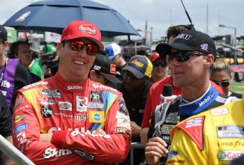 Kyle Busch and Kevin Harvick before the NASCAR Cup Series Quaker State 400 on July 11, 2021,, at Atlanta Motor Speedway.
