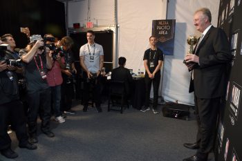 Larry Bird, winner of the Lifetime Achievement Award, poses in the press room during the 2019 NBA Awards .