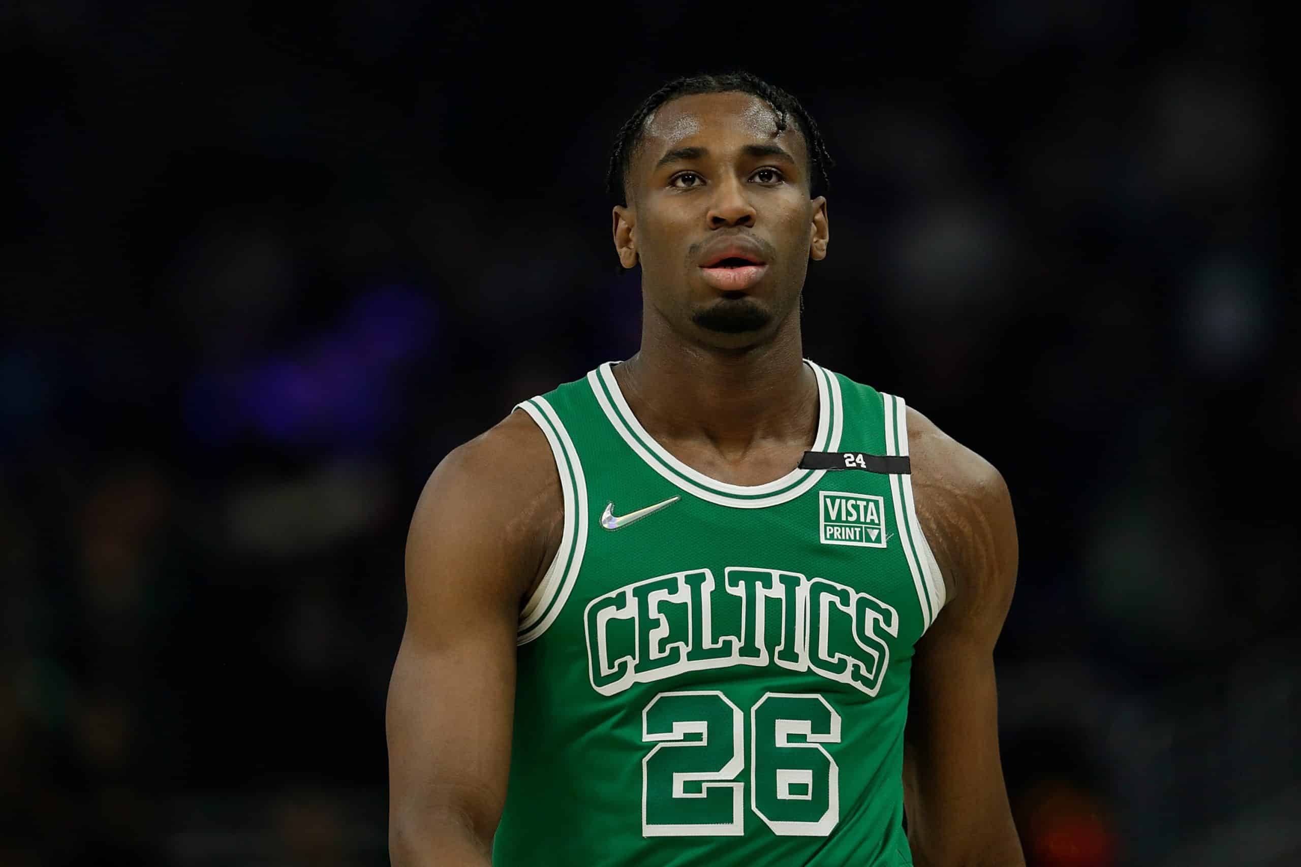 Aaron Nesmith of the Boston Celtics walks down court during the first half of the game against the Milwaukee Bucks.