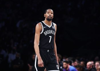 Brooklyn Nets guard Kevin Durant walks up the court.