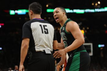 Grant Williams of the Boston Celtics speaks to referee Zach Zarba.