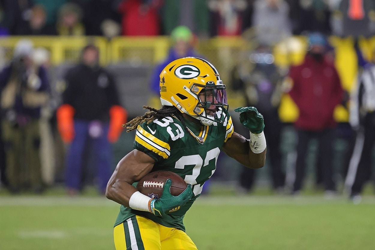 Aaron Jones of the Green Bay Packers works out during training