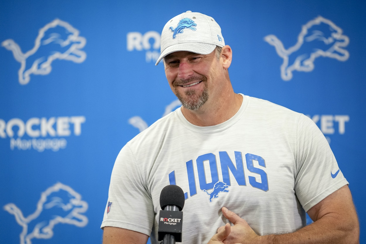 Detroit Lions head coach Dan Campbell runs off the field after the