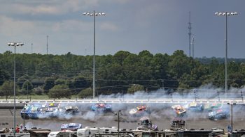 Denny Hamlin crashes with numerous cars