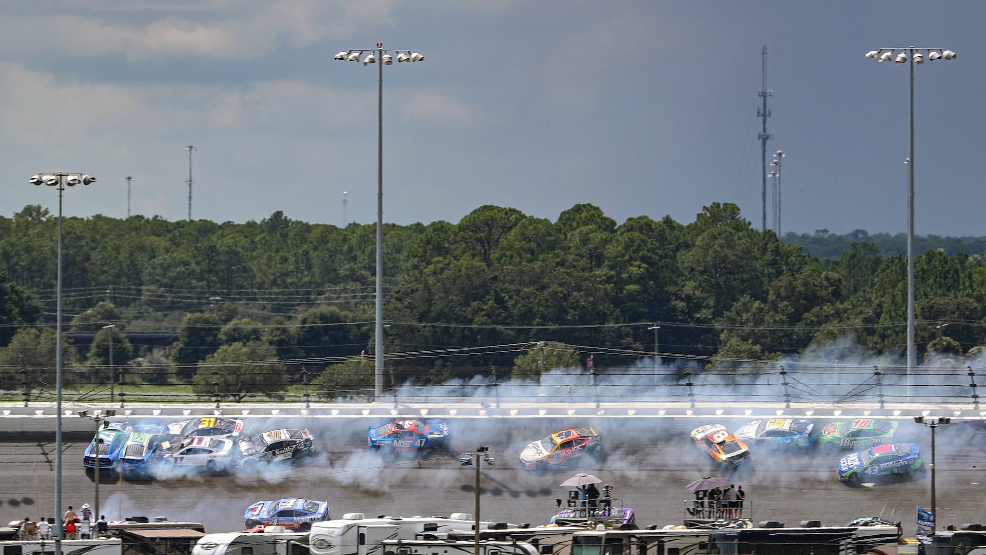 Denny Hamlin's car was worse for wear after the Coke Zero 400 on Saturday,  July 2, 2011, at the Daytona International Speedway in Daytona, Florida.  Hamlin, involved in a crash at the