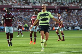 Erling Haaland celebrating in his Manchester City debut.