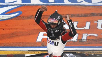 Kevin Harvick celebrates after winning the NASCAR Cup Series Federated Auto Parts 400 at Richmond Raceway on Aug. 14, 2022.