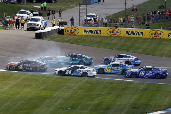 NASCAR Cup series driver Ross Chastain gets spun going into Turn 2 during the Verizon 200 at the Brickyard on July 31, 2022, at the Indianapolis Motor Speedway.