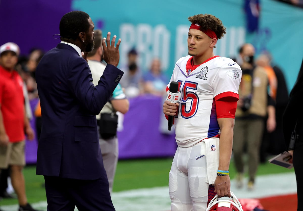 Randy Moss interviews Patrick Mahomes of the Kansas City Chiefs before the 2022 NFL Pro Bowl