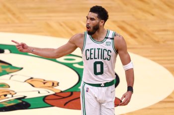 Jayson Tatum of the Boston Celtics reacts against the Golden State Warriors.