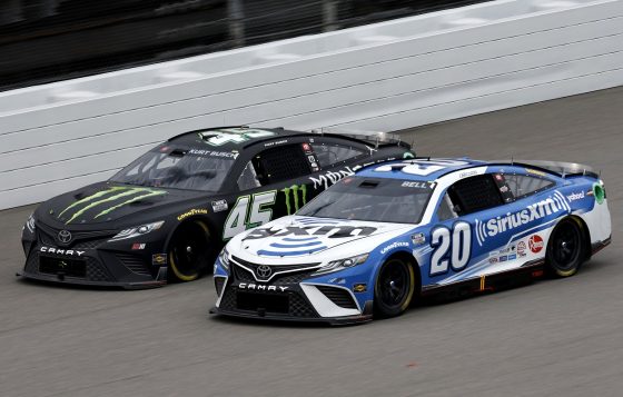 Toyota drivers Ty Gibbs and Christopher Bell at the 2022 NASCAR Cup Series race at Michigan International Speedway