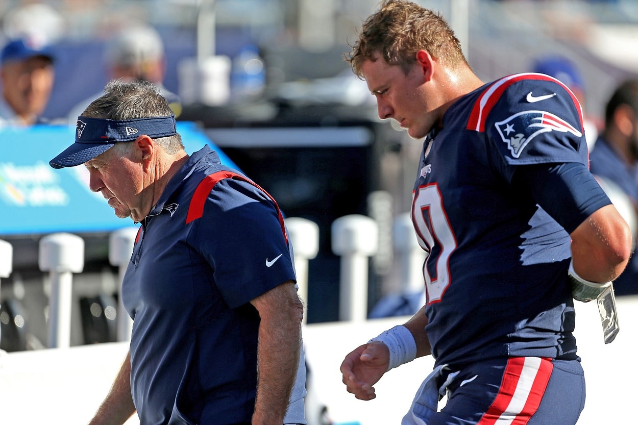 Bill Belichick and Mac Jones following a Patriots-Saints game in September 2021