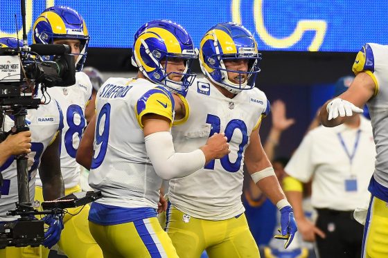 Los Angeles Rams wide receiver Cooper Kupp celebrates with quarterback Matthew Stafford after catching a four-yard touchdown reception against the Buffalo Bills