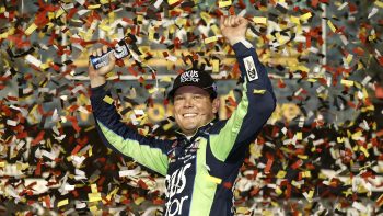 Erik Jones celebrates in Victory Lane after winning the NASCAR Cup Series Cook Out Southern 500 at Darlington Raceway on Sept. 4, 2022.