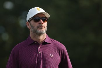 Jimmie Johnson looks on during Saturday morning foursomes on Day 3 of the 2022 Presidents Cup at Quail Hollow Country Club on Sept. 24, 2022, in Charlotte, North Carolina.