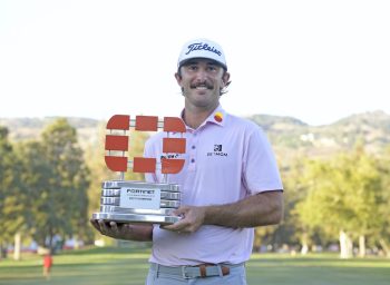 Max Homa poses with the trophy after winning the 2021 Fortinet Championship.