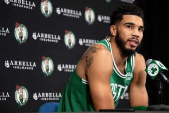 Jayson Tatum of the Boston Celtics addresses the media.