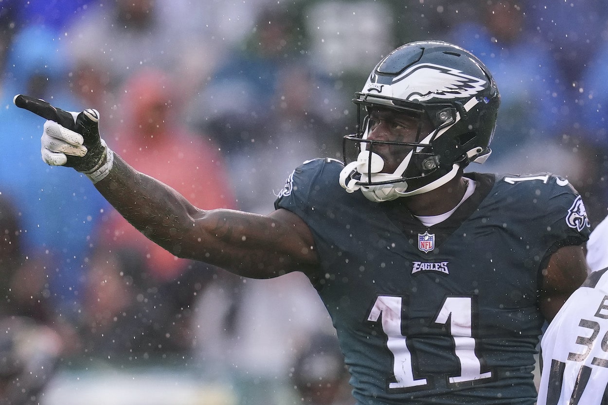 A.J. Brown celebrates a first down.