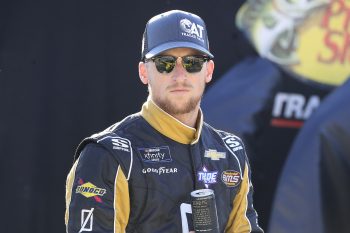 Brandon Brown looks on during practice for the Andy's Frozen Custard 300 NASCAR Xfinity Series race on Sept. 24, 2022, at the Texas Motor Speedway.