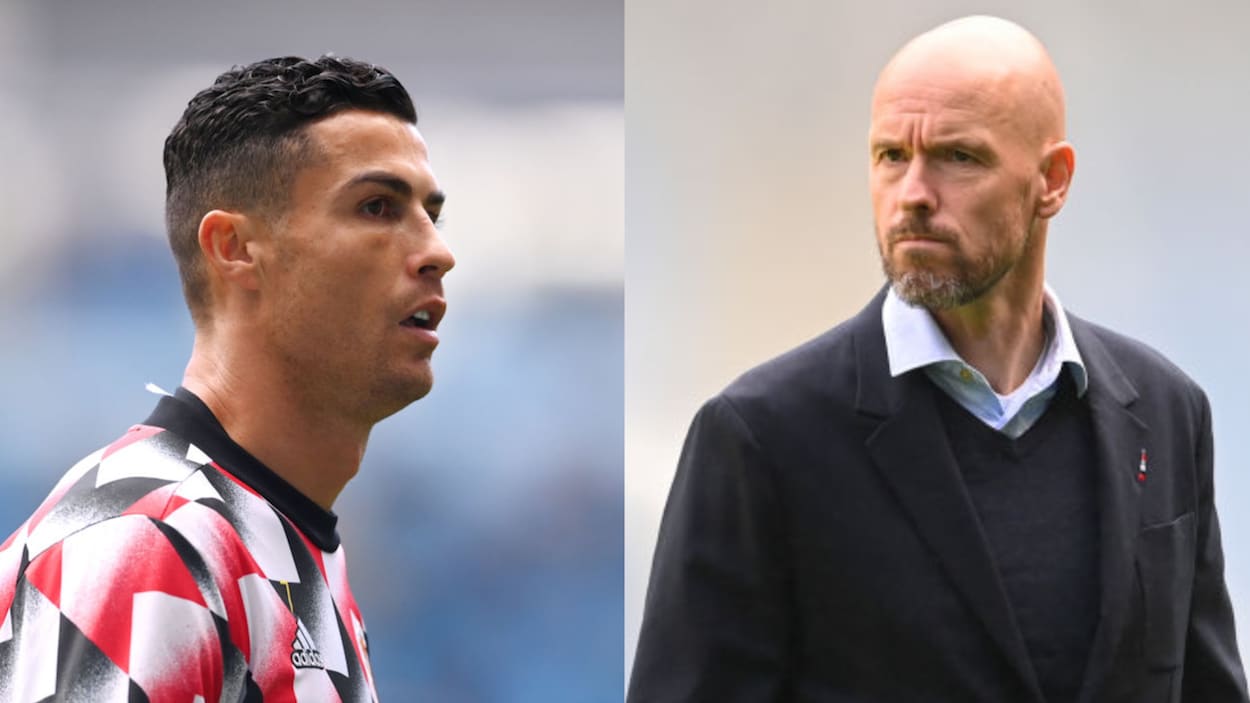 Manchester United striker Cristiano Ronaldo (L) and Manchester United manager Erik ten Hag (R).