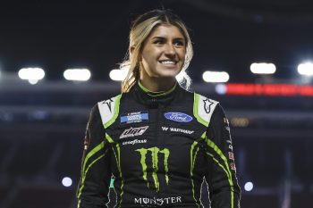 Hailie Deegan walks onstage during driver intros prior to the NASCAR Camping World Truck Series UNOH 200 at Bristol Motor Speedway on Sept. 15, 2022 in Bristol, Tennessee.