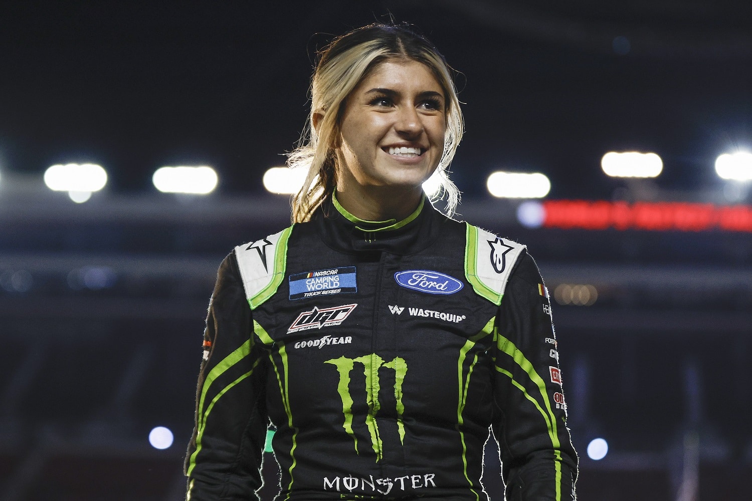 Hailie Deegan walks onstage during driver intros prior to the NASCAR Camping World Truck Series UNOH 200 at Bristol Motor Speedway on Sept. 15, 2022 in Bristol, Tennessee. |  Sean Gardner/Getty Images