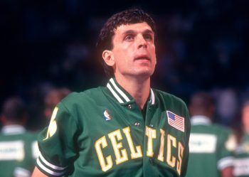 Kevin McHale of the Boston Celtics stands on the court during warmups.