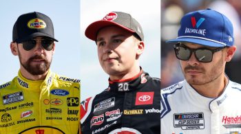 A split image of Ryan Blaney (L), Christopher Bell (C), and Kyle Larson (R).