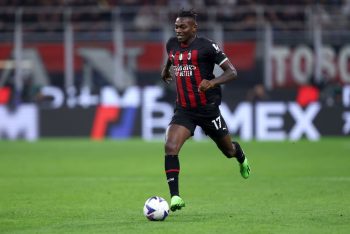 AC Milan forward Rafael Leao dribbles the ball.