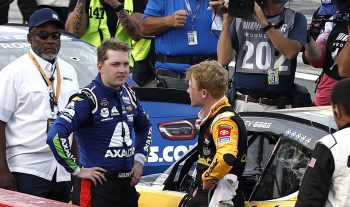 William Byron and Ty Gibbs talk after the NASCAR Xfinity Series Sunoco Go Rewards 200 at The Glen at Watkins Glen International on Aug. 20, 2022.