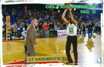 President and Vice Chairman Red Auerbach of the Boston Celtics, left, participates in pregame activities before an NBA game against the Washington Bullets circa 1985.