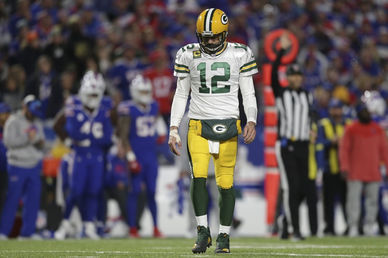 Aaron Rodgers during a Packers-Bills matchup in October 2022