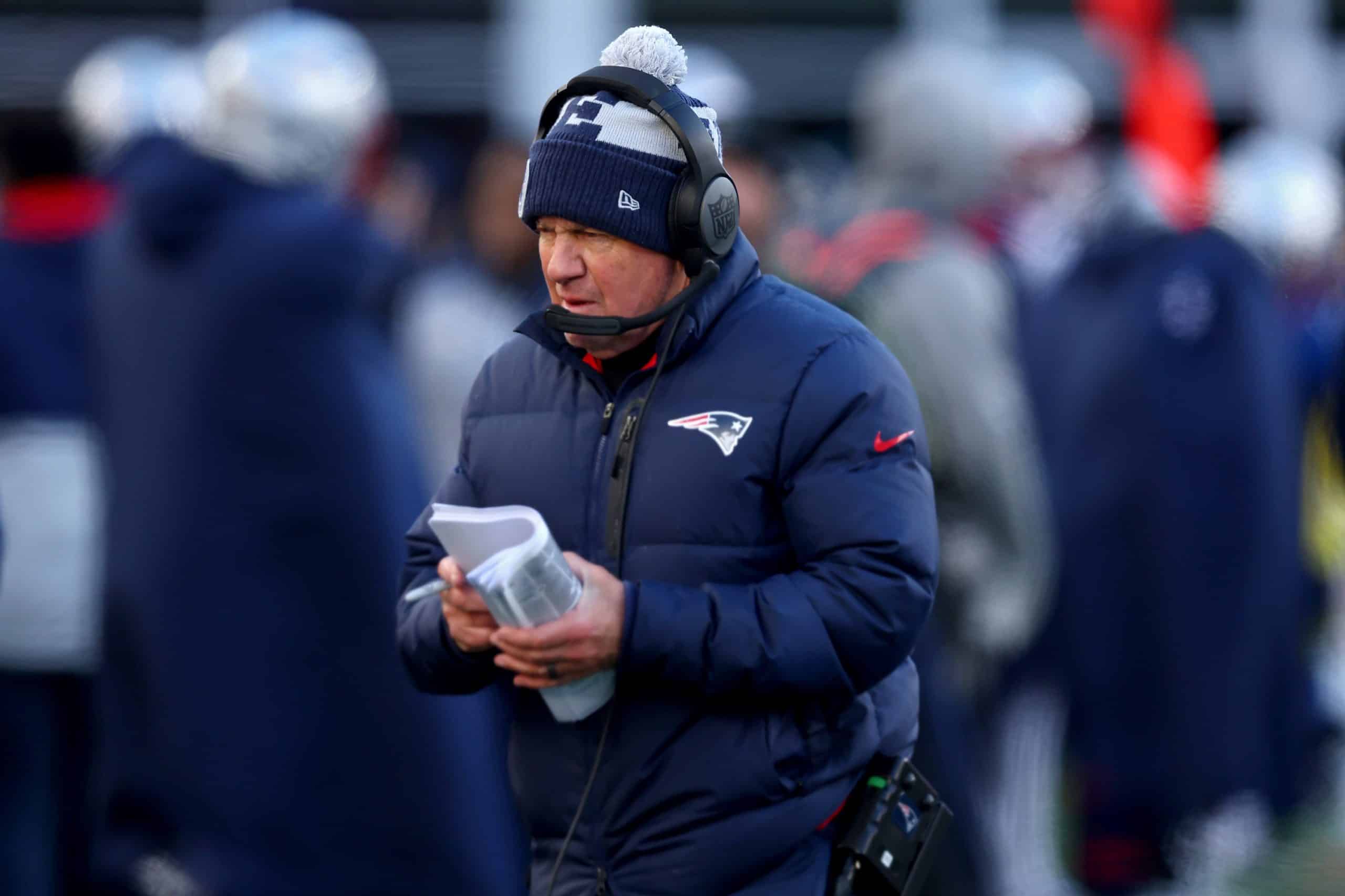 Head coach Bill Belichick of the New England Patriots looks on during the second half against the New York Jets.