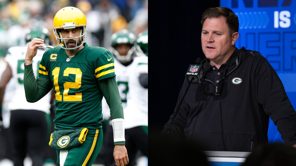 (L-R) Packers QB Aaron Rodgers, GM Brian Gutekunst.