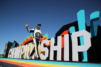 Daniel Suarezwalks onstage during driver intros prior to the NASCAR Cup Series Championship