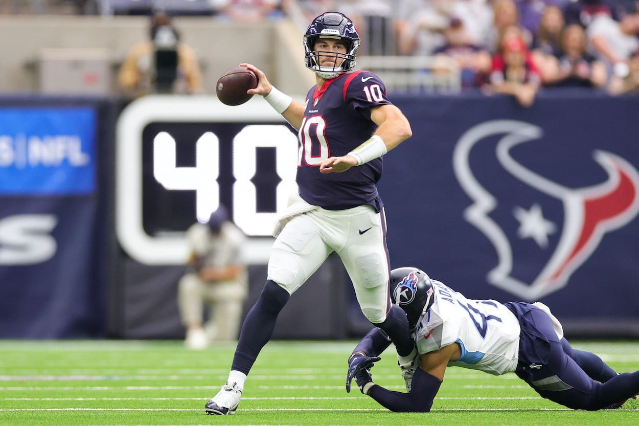 Davis Mills looks to pass against the Titans.