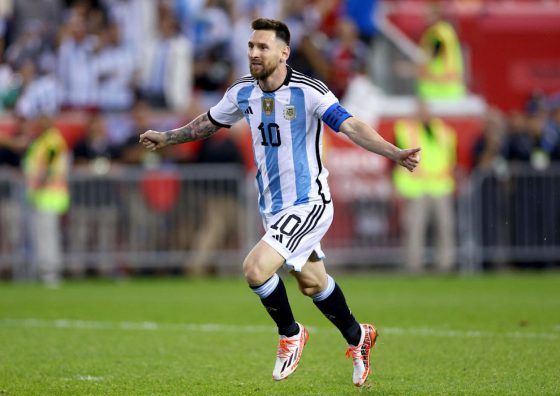 Lionel Messi celebrates a goal with the Argentina national team.