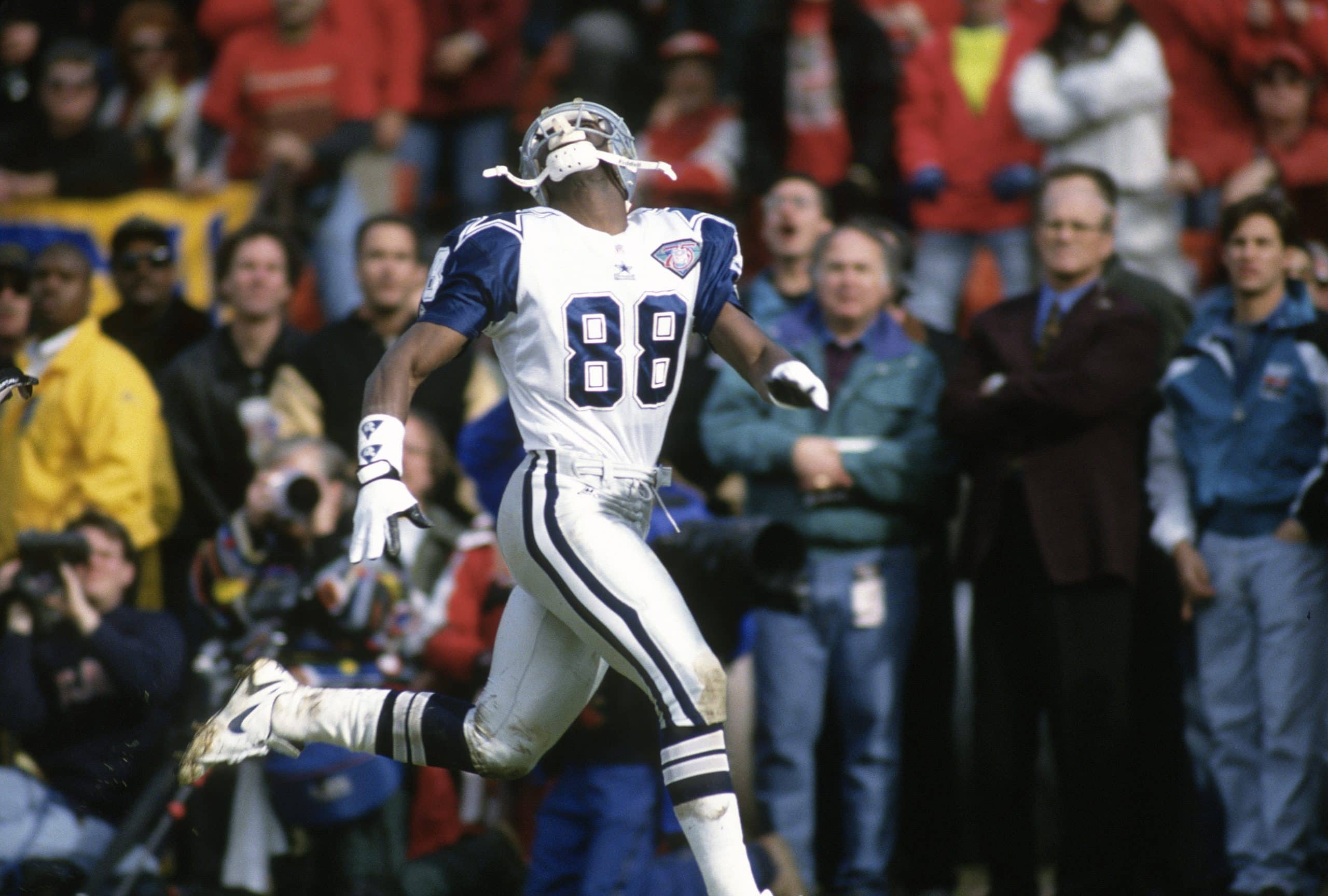 Michael Irvin of the Dallas Cowboys in action against the San Francisco 49ers.