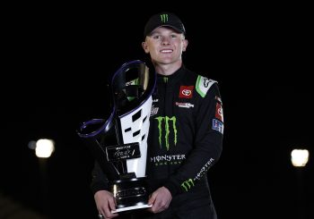 Ty Gibbs poses with the 2022 NASCAR Xfinity Series Championship trophy after winning at Phoenix Raceway on Nov. 5, 2022.