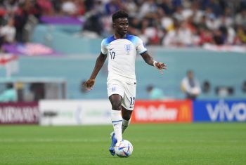 Arsenal forward Bukayo Saka playing for England in the 2022 FIFA World Cup.