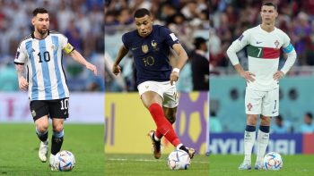 (L-R) Lionel Messi of Argentina, Kylian Mbappe of France, and Cristiano Ronaldo of Portugal at the 2022 World Cup.